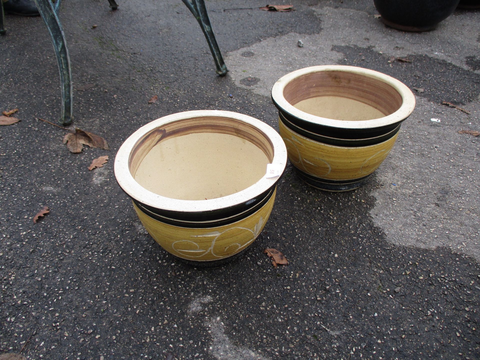 PAIR OF SMALL GLAZED PLANTERS, EACH APPROX 30CM DIAM