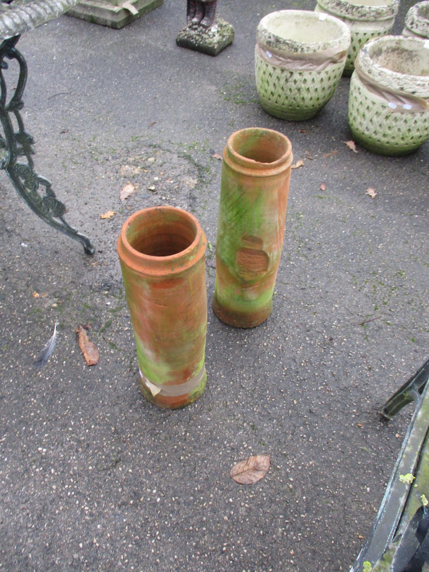 PAIR OF TERRACOTTA CHIMNEY POTS, EACH APPROX 48CM HIGH