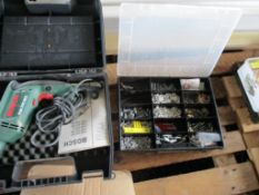 TWO SMALL PLASTIC TOOLCASES CONTAINING BOSCH PSB700 RES ELECTRIC DRILL, VARIOUS FIXTURES,