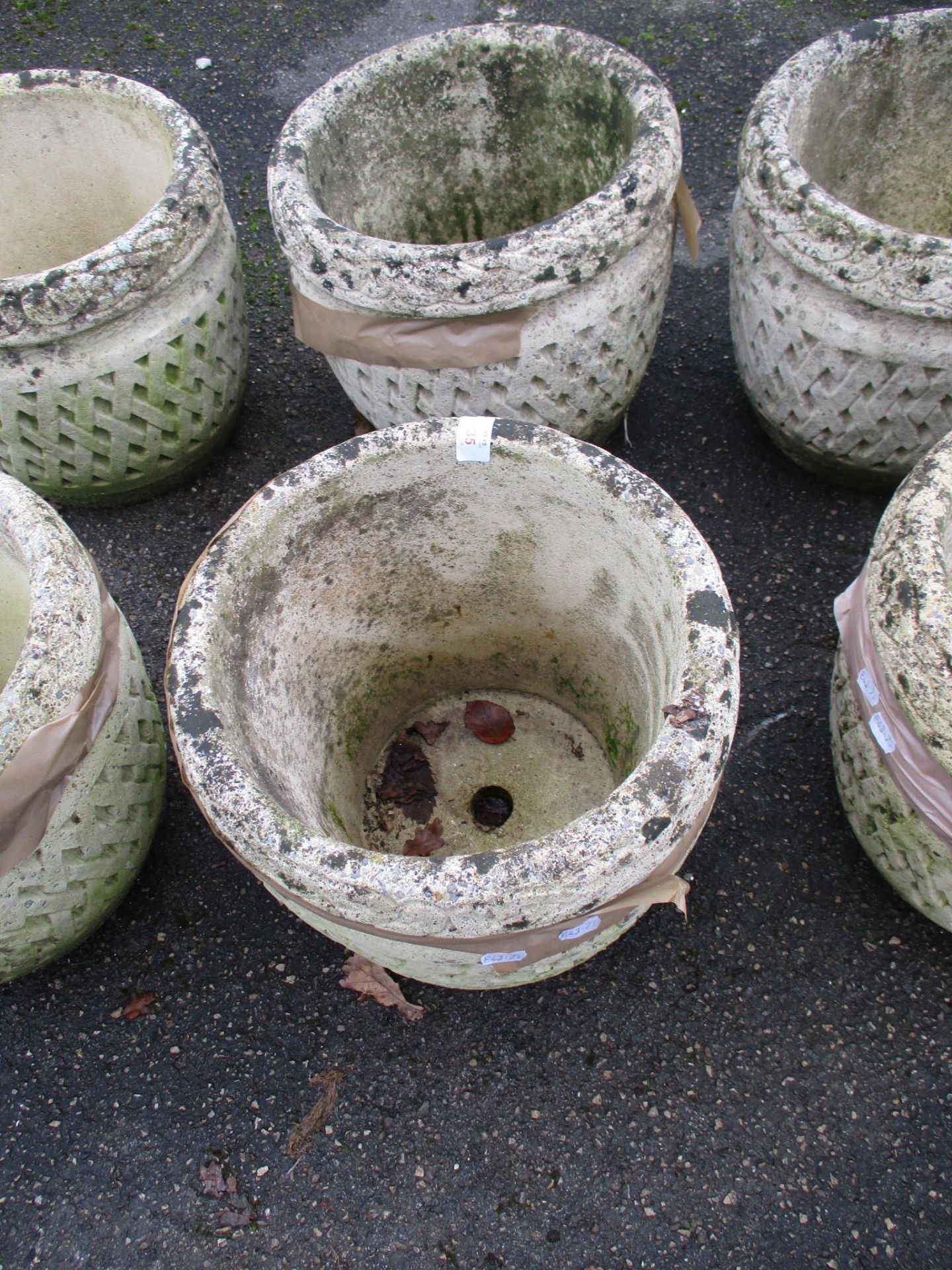 PAIR OF CIRCULAR MOULDED PLANTERS, EACH DIAM APPROX 34CM