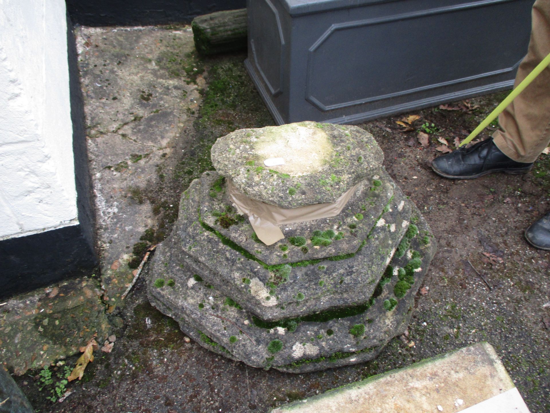 LARGE MOULDED SEMI-OCTAGONAL GARDEN PLINTH, WIDTH APPROX 73CM