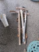 TWO GARDEN TOOLS, SMALL GALVANISED POT AND A WEED BURNER