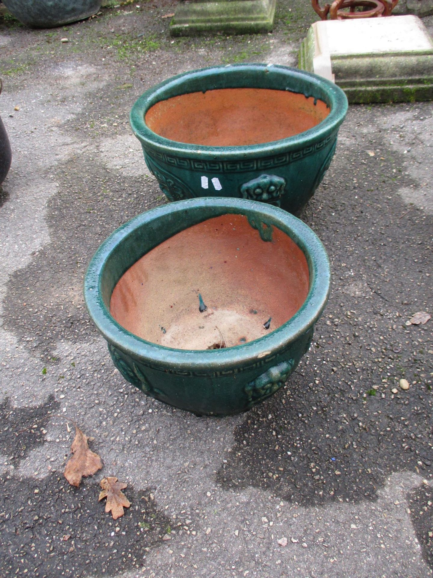 TWO SIMILAR DECORATIVE GLAZED PLANTERS, EACH WITH ORIENTAL AND GREEK KEY MOULDING, LARGER APPROX