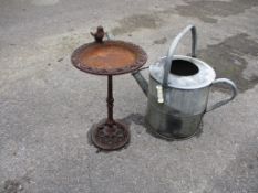 GALVANISED WATERING CAN, TOGETHER WITH A SMALL METAL BIRD BATH, HEIGHT APPROX 40CM MAX