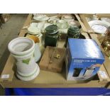 TRAY CONTAINING QUANTITY OF CERAMIC ITEMS INCLUDING THREE KITCHEN JARS AND COVERS AND POTTERY VASE