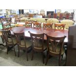 REPRODUCTION MAHOGANY TRIPLE PEDESTAL EXTENDING DINING TABLE (EXTENDS TO 350CM INCLUDING THREE LOOSE