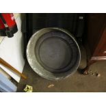 PEWTER CIRCULAR CHARGER AND A METAL CIRCULAR CONTAINER, BOTH APPROX 56CM DIAM