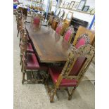 20TH CENTURY OAK REFECTORY TABLE, 228CM LONG AND SET OF EIGHT VICTORIAN CARVED OAK DINING CHAIRS (
