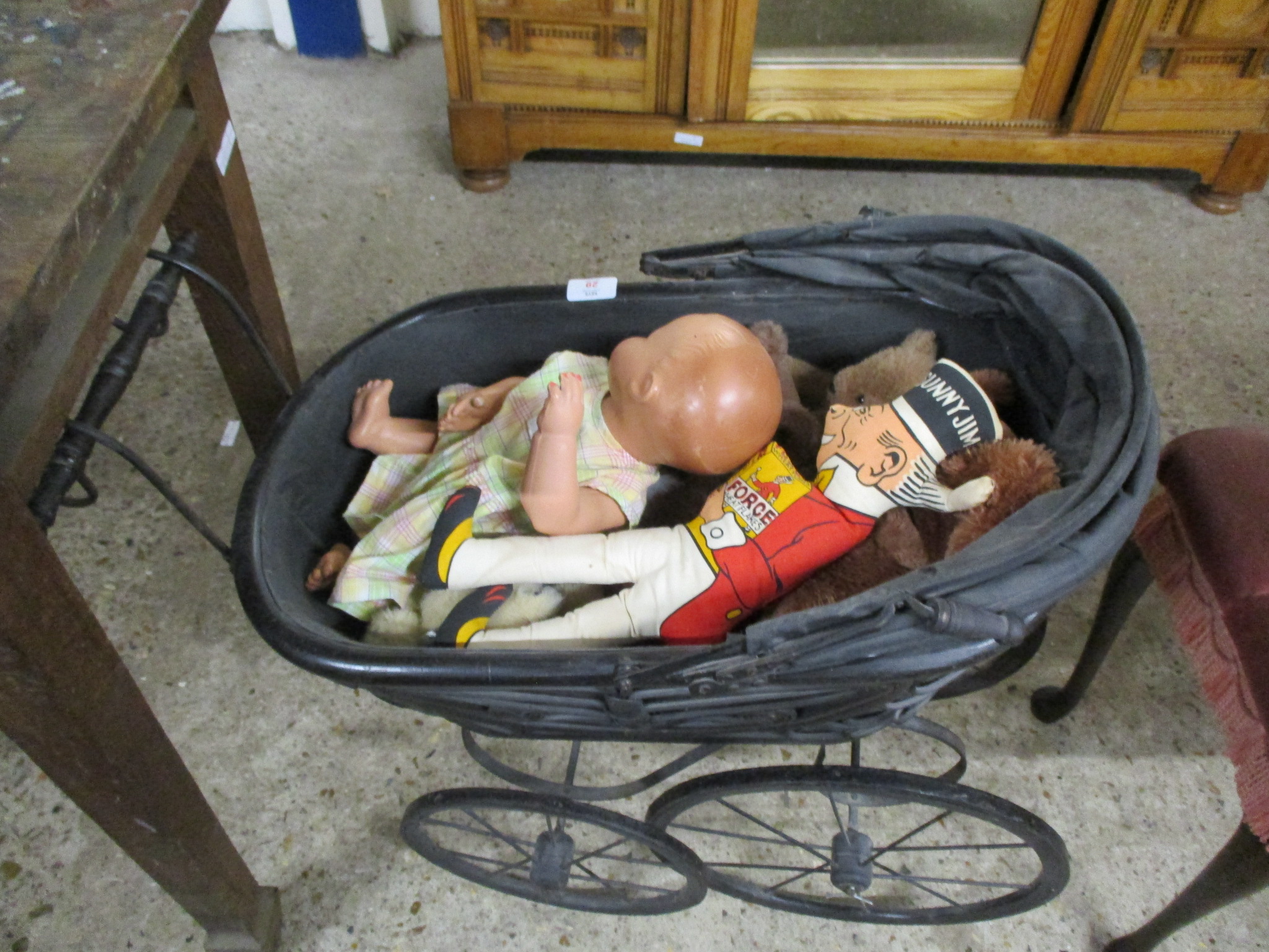 VINTAGE DOLLS PRAM CONTAINING COMPOSITION DOLL, VARIOUS SOFT TOYS ETC