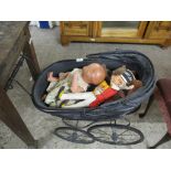 VINTAGE DOLLS PRAM CONTAINING COMPOSITION DOLL, VARIOUS SOFT TOYS ETC