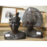 TWO ORIENTAL HARDWOOD BUSTS, LARGEST 34CM HIGH
