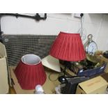 TRAY CONTAINING TWO TABLE LAMPS WITH RED SHADES