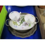 SMALL TRAY WITH CERAMIC INSERT, TWO CUPS BY CROWN STAFFORDSHIRE AND A FURTHER METAL TRAY