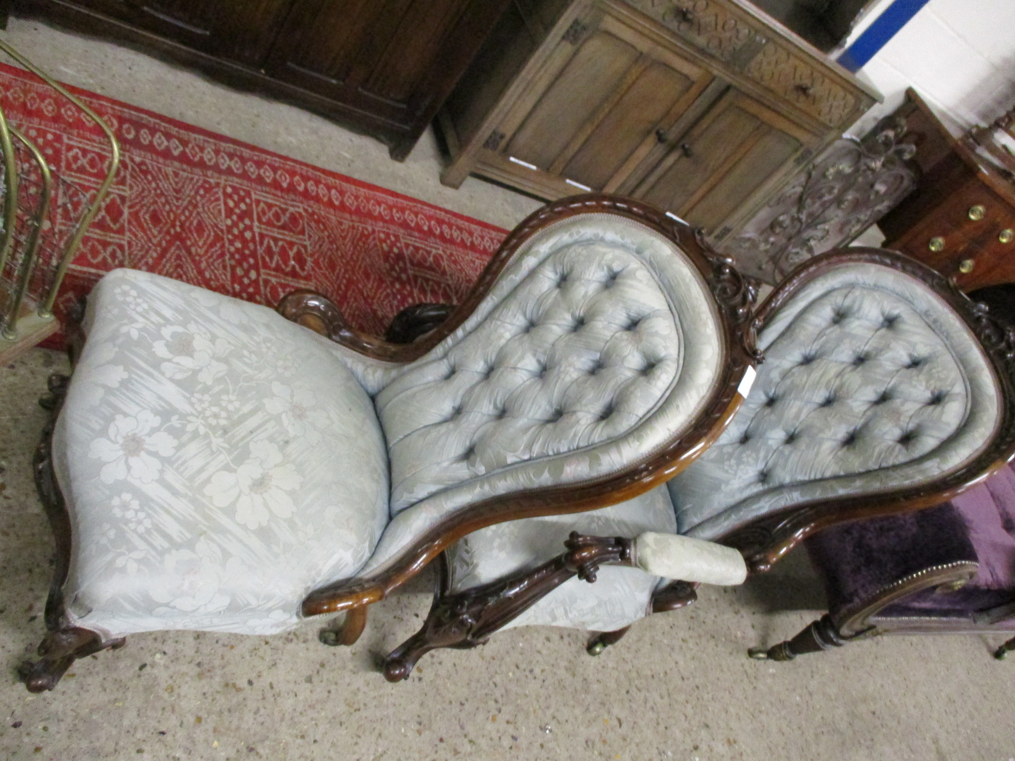 VICTORIAN MAHOGANY GENTS ELBOW CHAIR AND MATCHING LADIES CHAIR, ALL UPHOLSTERED IN PALE BLUE