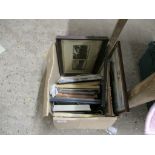 BOX CONTAINING PICTURES AND FRAMED POSTCARDS