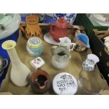 BOX OF CERAMIC ITEMS, VASES, SMALL CHINESE PORCELAIN JAR AND COVER