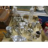 TRAY CONTAINING PLATED WARES AND PEWTER WARES INCLUDING TWO CLARET JUGS WITH SILVER METAL MOUNTS