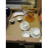 19TH CENTURY CUPS AND SAUCERS, GLASS VASE ETC