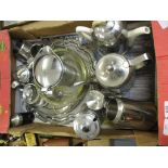 BOX OF STAINLESS STEEL TEA SETS ETC