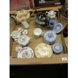 BOX OF VARIOUS WEDGWOOD JASPER DECORATIVE TEA POTS ETC