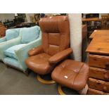 MODERN BROWN LEATHER SWIVEL CHAIR AND MATCHING STOOL