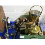 BOX CONTAINING BRASS KETTLE AND STAND AND OTHER METAL ITEMS