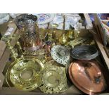 TRAY CONTAINING QUANTITY OF BRASS AND COPPER WARES INCLUDING CANDLESTICKS, COPPER LIDS ETC