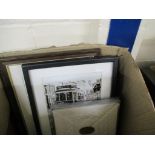 BOX CONTAINING PICTURES OF STEAM ENGINE, WATERCOLOUR OF A COTTAGE SIGNED ORMEROD ETC