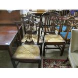 SET OF THREE CHIPPENDALE STYLE OAK DINING CHAIRS WITH RUSH SEATS