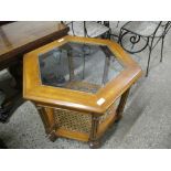 REPRODUCTION HEXAGONAL GLASS TOPPED OCCASIONAL TABLE WITH CANE UNDER-TIER, 76CM WIDE