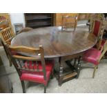 18TH CENTURY AND LATER OAK GATE LEG TABLE AND FOUR 19TH CENTURY SPINDLE BACK DINING CHAIRS WITH