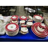 DINNER SERVICE BY GEORGE JONES COMPRISING SERVING TRAYS, TWO SMALL TUREENS, LARGER TUREENS, SOUP