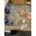 BOX OF VARIOUS HOCK GLASSES, CARNIVAL GLASS DISHES ETC