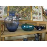 LARGE BLUE GLASS RIBBED VASE, GREEN GLASS BOWL AND A FURTHER BLUE GLASS CRIMPED VASE