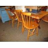 MODERN PINE KITCHEN TABLE AND FIVE STICK BACK DINING CHAIRS, TABLE 183CM LONG