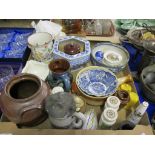 TRAY CONTAINING CERAMIC ITEMS INCLUDING A STAFFORDSHIRE FROG MUG AND OTHER BLUE AND WHITE ITEMS