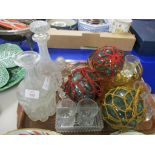 TRAY CONTAINING QUANTITY OF GLASS WARES INCLUDING TWO DECANTERS AND SOME SMALL GLASS TUMBLERS