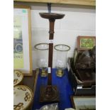 WOODEN ASHTRAY, TWO PAIRS OF GLASS LAMPS WITH METAL FITTINGS