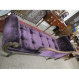 19TH CENTURY PURPLE UPHOLSTERED MAHOGANY CHAISE LONGUE WITH SCROLLED END, 196CM LONG