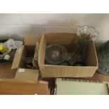 BOX OF VARIOUS GLASS INCLUDING AN ART DECO CARD STAND, FURTHER LARGER BOX CONTAINING FISHING FLOATS,