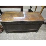 OAK COFFER WITH PLAIN TOP AND TWO PANELLED FRONT, 18TH CENTURY, 107CM WIDE