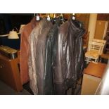 FIVE VARIOUS VINTAGE LEATHER EFFECT GENTS COATS AND JACKETS