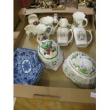 BOX OF BLUE AND WHITE SUPPER DISHES, MODERN RABBIT MOULDED DISH, CRESTED WARE ETC