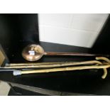 VINTAGE COPPER WARMING PAN AND VARIOUS WALKING STICKS