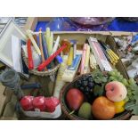 TRAY CONTAINING QUANTITY OF POTTERY FRUIT PLUS CANDLES AND SILVER PLATED FLATWARES