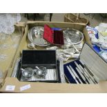 TRAY CONTAINING QUANTITY OF FLAT WARES AND SILVER PLATED SERVING DISHES