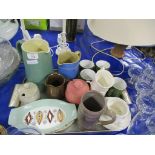 TRAY CONTAINING QUANTITY OF POTTERY ITEMS AND COFFEE CANS AND SAUCERS, SOME BY SILVAC