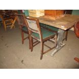 OAK REFECTORY STYLE DINING TABLE AND A SET OF FOUR GREEN SEATED DINING CHAIRS