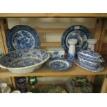 OXFORD POTTERY FLOWER BRICK, VARIOUS OTHER BLUE AND WHITE BOWLS, SAUCE BOAT ETC