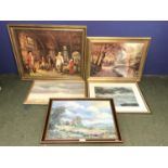 W R Brigg 1795 prints 'Saturday Evening' & 'Sunday Morning' framed & glazed & 5 other prints